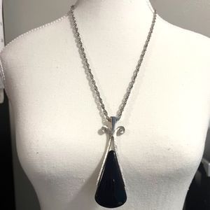 VTG Avon 31" Silver Tone Large Black & Silver Chrome Art Deco Pendant Necklace